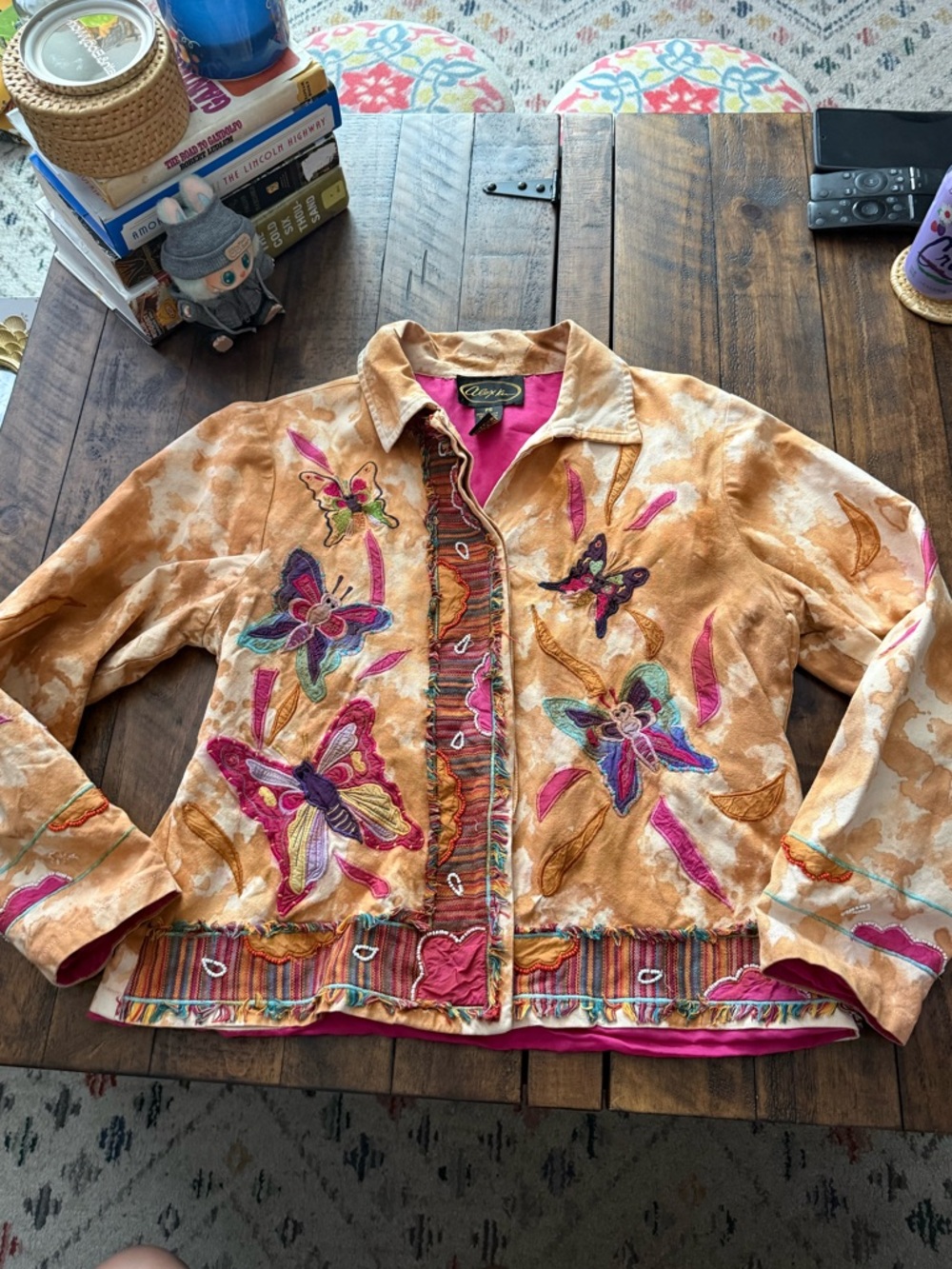 Sz PSm Alex Kin Jacket Hidden Button Tie Dye Butterfly Embroidery